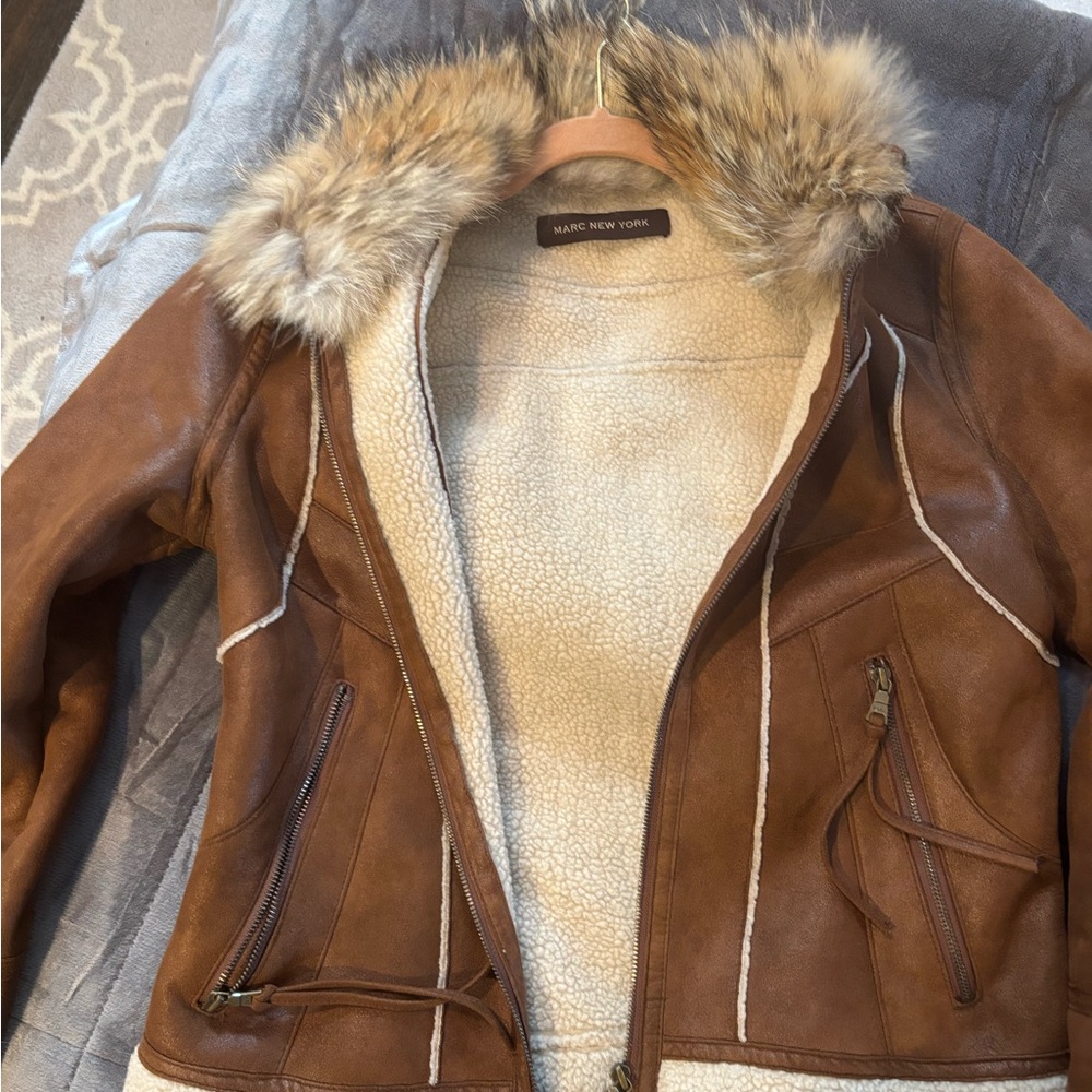 Marc New York Tan Leather Jacket with Faux Fur Collar